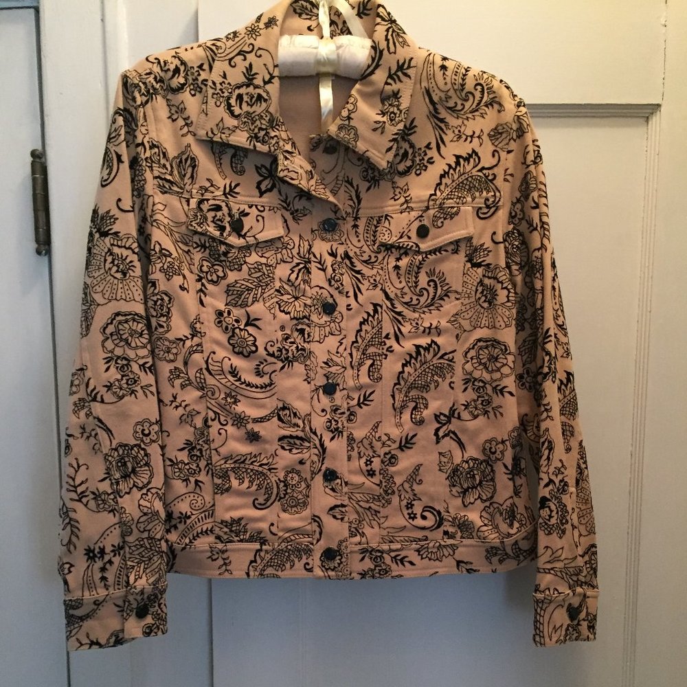 Classic Beige Jacket with Black Velvet Flowers St John Sport by Marie Grey
